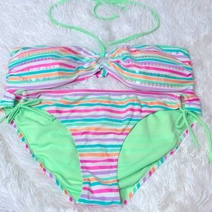 Heat Green Pink White Orange Multi-Colored Striped Sequin Bikini Size XL